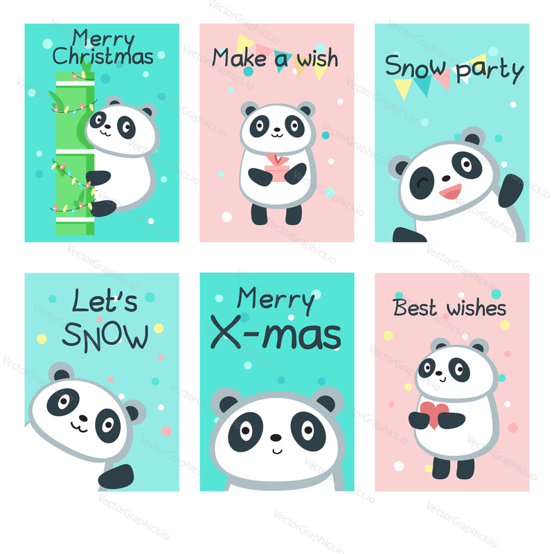 Roztomilý panda vánoční pohlednice. Veselé vánoční přání vektorové šablony pro děti se sněhovými vločkami, vtipné pandy s bambusem, dárková krabička, srdce, provázkové vlajky na oslavu večírku, ručně psaný text.