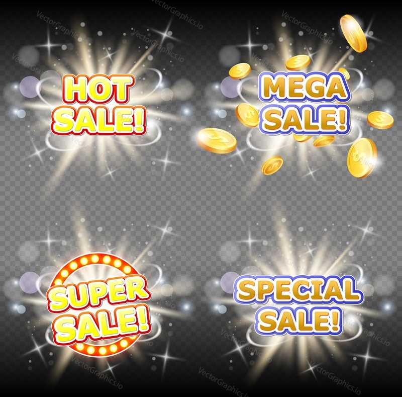 Hot mega super a speciální prodejní banner set. Vektorové ilustrace. Prodej a slevy znamení na průhledném pozadí.