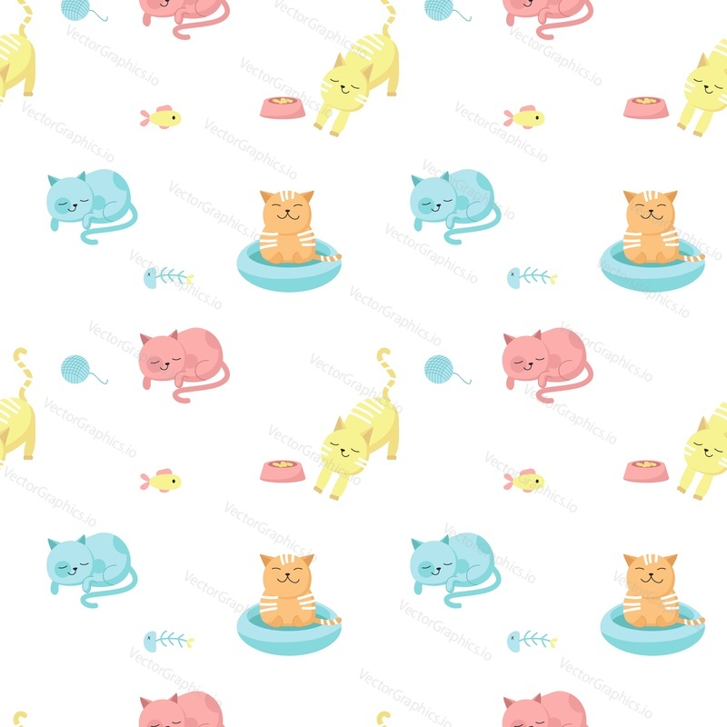 Legrační kočky vektorové bezešvé vzor. Kreativní design pro látku, Textil, tapety, balicí papír se šťastnými kočkami jíst, spát, koupat se.