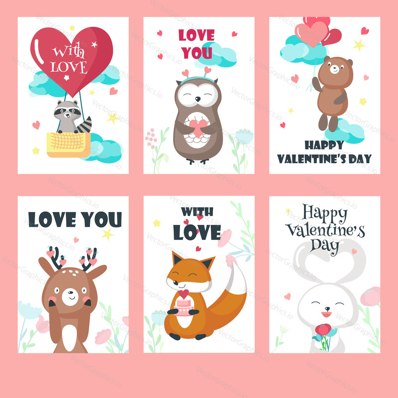 Vector set of Valentine day cards with cute animals in love and inspirational quotes. Happy bunny, fox, raccoon, owl, deer and bear with balloons, flowers, hearts, cake.