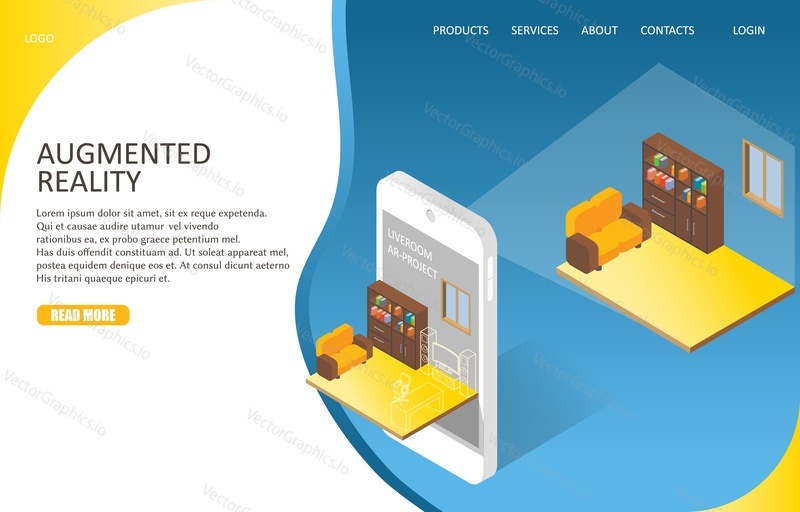 Augmented reality landing page website template. Vector isometric illustration. Augmented reality visualization of living room interior with furniture and home theater on smartphone screen.