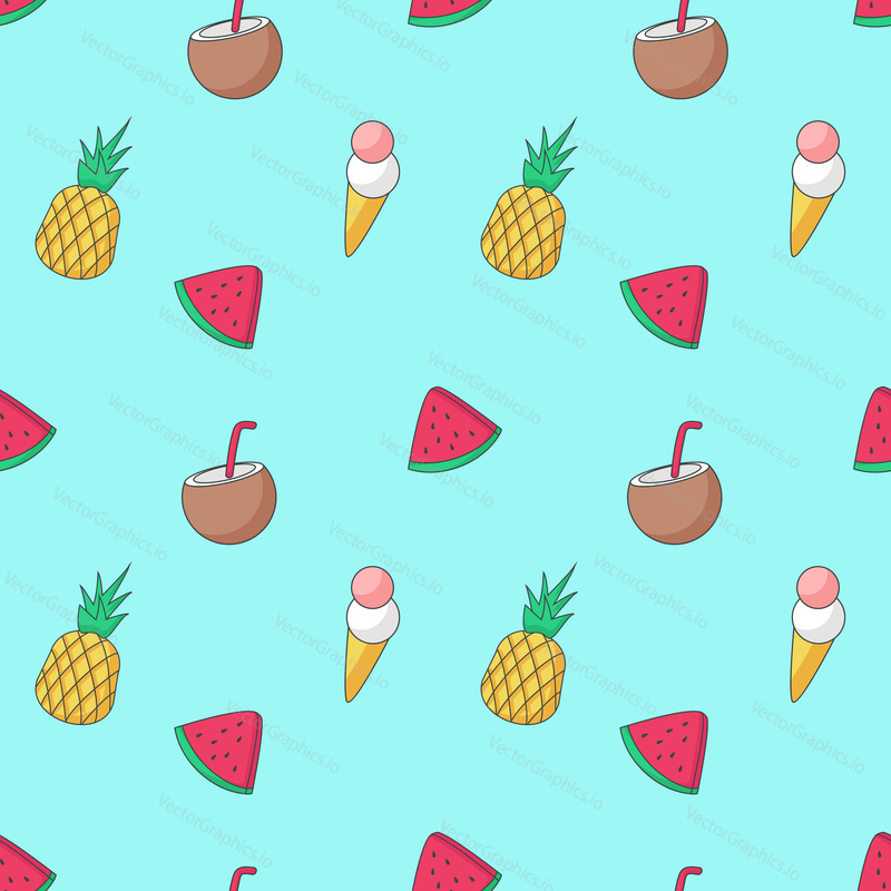 Summer seamless pattern. Vector hand drawn ice cream cones, coconut milk, pineapples and slices of watermelon.