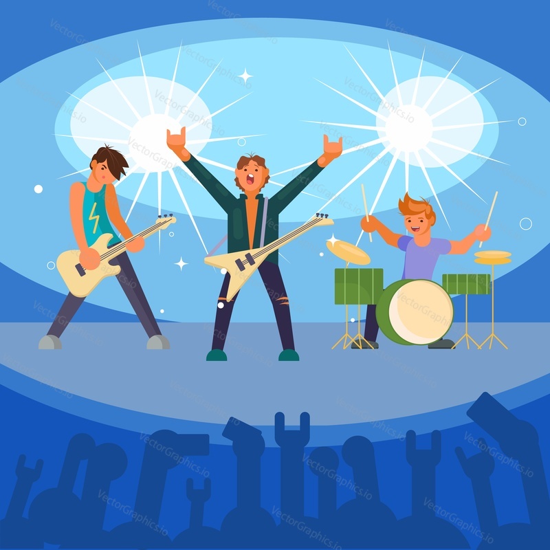 Vector illustration of musicians playing guitars and drum on concert stage illuminated with spotlights. Rock band concert flat style design.