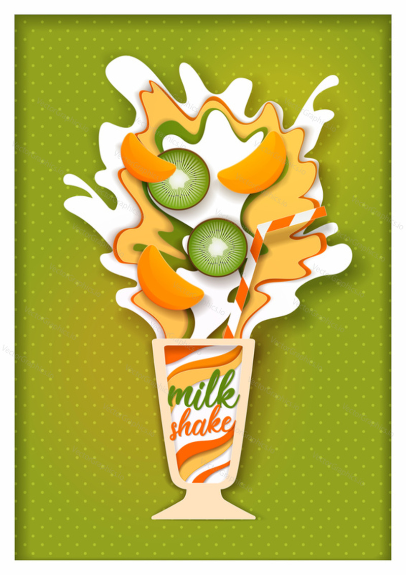 Tropical fruit milkshake. Vector paper cut glass of whipped iced dairy drink with kiwi, mango, milk splashes design template for recipe, menu, banner, flyer, poster etc.