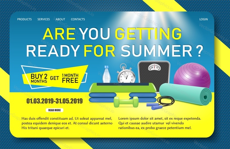 Fitness promo landing page website template. Gym equipment vector realistic illustration. Gym, fitness center or health club offers, discounts.