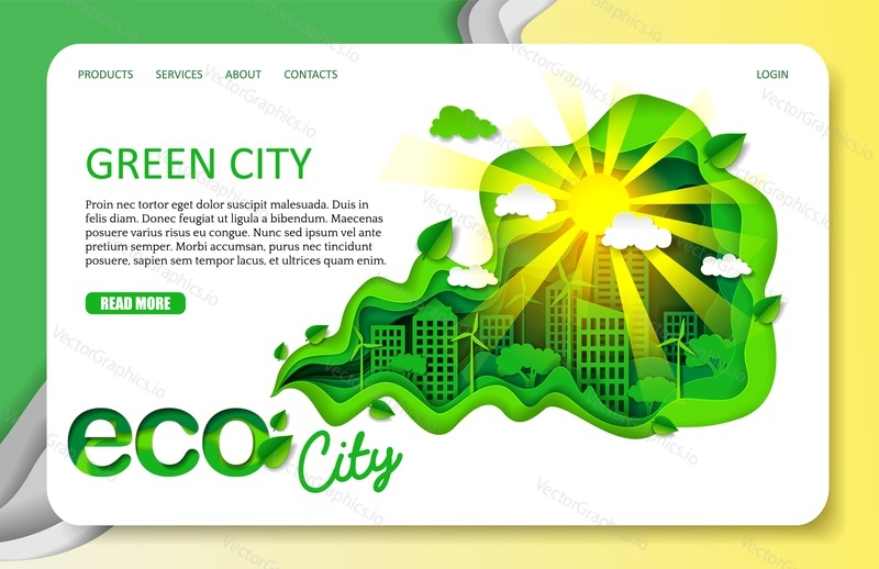 Green city landing page website template. Vector paper cut eco friendly city with buildings, wind turbines, trees and sun shining brightly. Ecology and environment conservation concept.