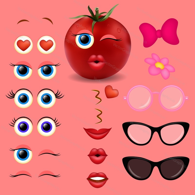 Tomato girl emoji maker, smiley creator. Vector design collection of emoticon body parts and accessories for your own cool emoji creation.