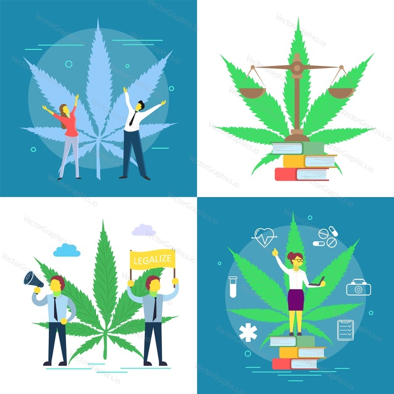 Plakát legalizace konopí, sada štítků. Vektorové ploché ilustrace. Lékařská terapie marihuany, koncept konzumace marihuany a osvobození.