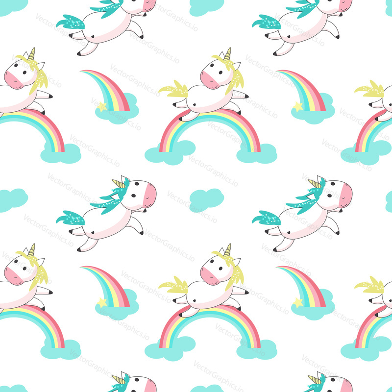 Magic unicorn seamless pattern. Vector hand drawn flying romantic unicorns with rainbows and clouds.