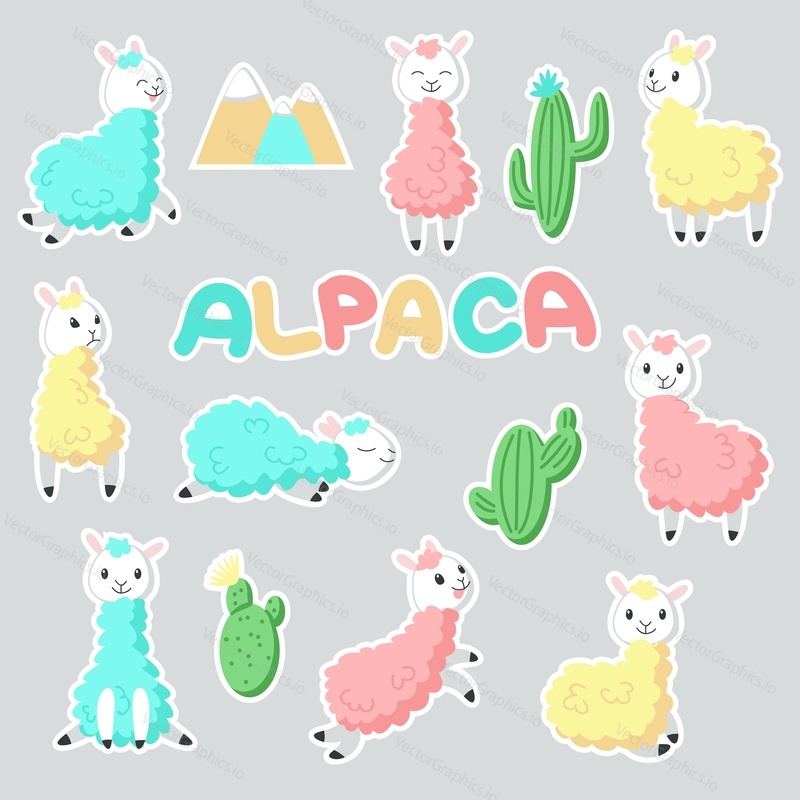 Cute alpaca stickers. Vector hand drawn funny pink, yellow, blue cartoon llamas and cactuses.