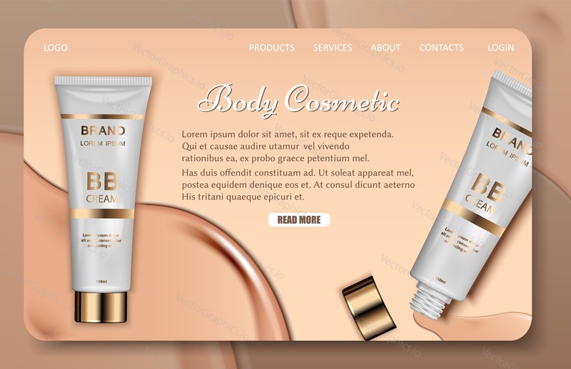 Body cosmetic landing page website template. Vector realistic illustration of body care and beauty product containers tubes for moisturizer, cleanser, lotion, tonic, cream, foundation etc.