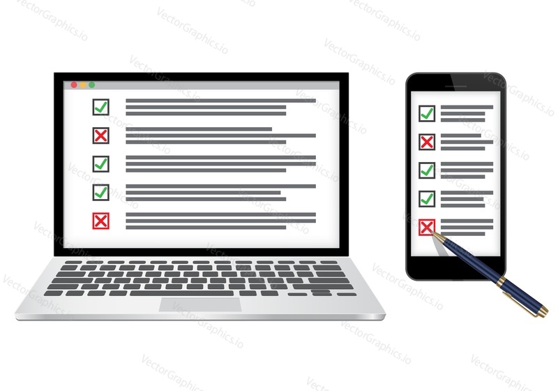 Laptop and mobile with checkboxes filled with check marks. Vector illustration isolated on white background. Online survey, checklist concept.