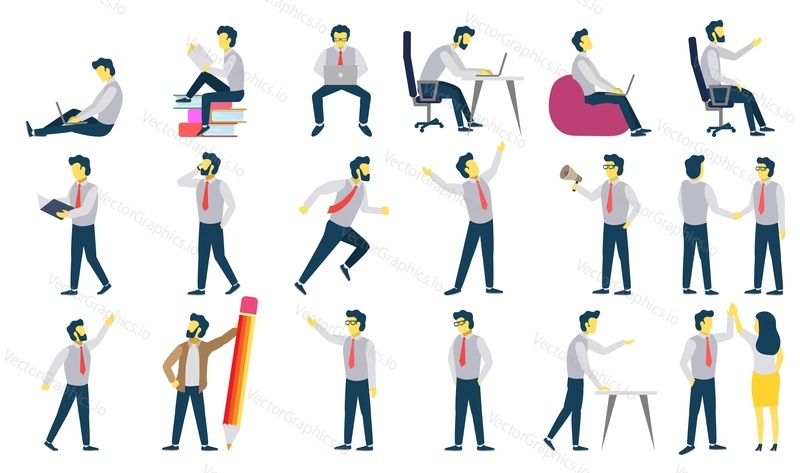 Group of office people in different business situations and poses, showing hand gestures. Vector illustration isolated on white background. Businessman cartoon character icon set.