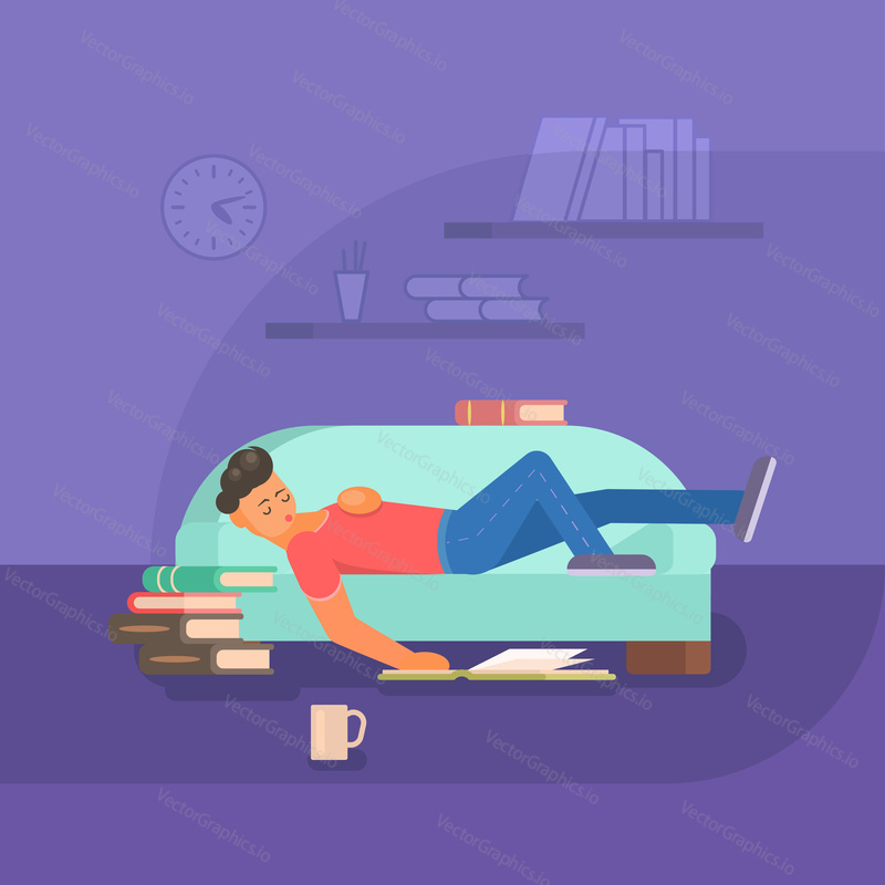 Vector illustration of young man reading book while lying on sofa in living room. Flat style design.