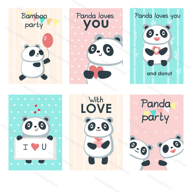 Roztomilé pozvánky na párty panda. Vektorové šablony sada s legrační pandy se srdcem, balón, kobliha, dárková krabička, řetězec vlajky pro party dekorace a ručně psaný text.