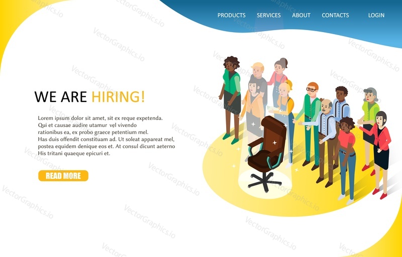 Business hiring landing page website template. Vector isometric group of people and empty boss office chair standing in front of them. Human resources management and recruitment concept.