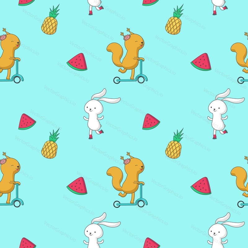 Summer seamless pattern. Vector hand drawn animals bunny, squirrel and fruits pineapple and slice of watermelon.