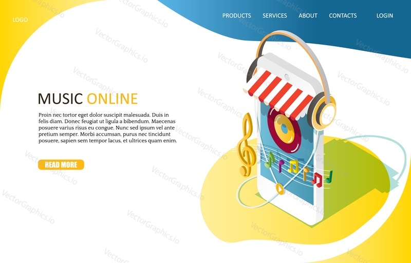 Шаблон веб-сайта целевой страницы Music online. Векторный изометрический смартфон с наушниками, скрипичным ключом и нотами. Концепция сервиса потоковой передачи музыки.