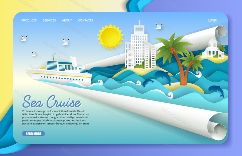 Sea cruise vstupní stránka webové stránky šablony. Vektorový papír řez výletní parník Plovoucí Na vlnách oceánu, delfíni, rackové, ostrovy, turistická letoviska. Koncept námořní plavby.