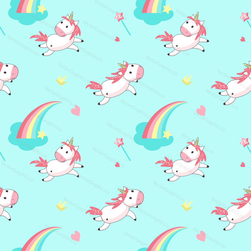 Magic unicorn seamless pattern. Vector hand drawn romantic unicorns and rainbows, clouds, hearts, magic wands, crowns.