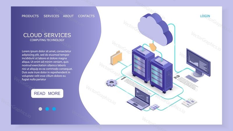 Šablona webových stránek vstupní stránky cloudových služeb. Vektorové izometrické ilustrace. Koncept technologie Cloud computingu se stolním počítačem, notebookem, hostingovými servery, složkou souborů připojenou k cloudu.