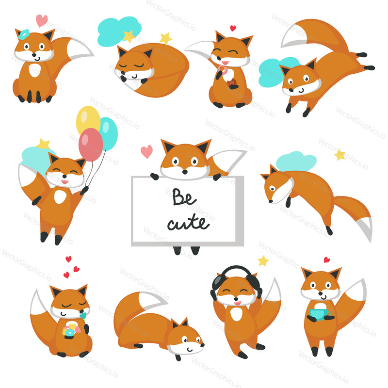 Cute Fox icon set pro přání, pozvání, plakát, nálepka, tisk. Vektorové izolované ilustrace legrační lišky sedí spí, skákání, létání, snění, být v lásce, poslouchat hudbu.