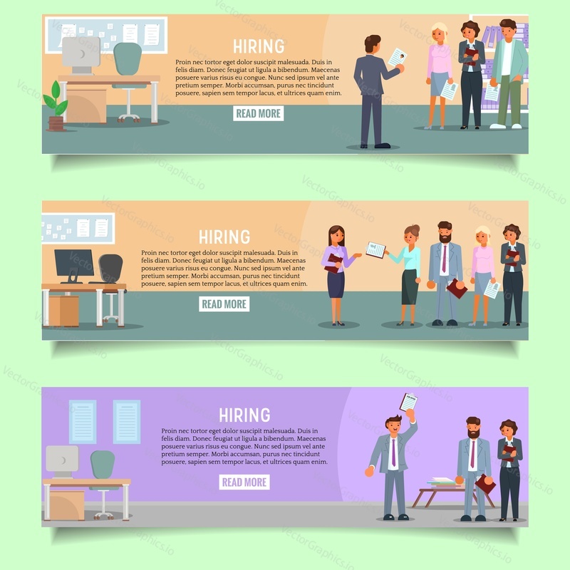 Hiring web banner template set. Vector flat illustration. Employer and candidates with cv or resume. Employment, job offer, recruitment, hr management, concept.