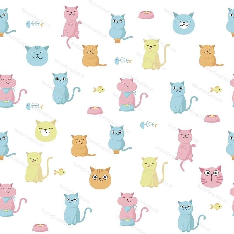 Funny cats vector seamless pattern. Creative design with licking, eating cats for fabric, textile, wallpaper, wrapping paper.