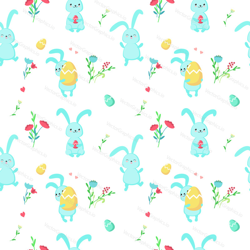 Vector seamless pattern with cute Easter rabbits, paschal eggs, spring flowers and hearts. Easter holiday background, wallpaper, fabric, wrapping paper.