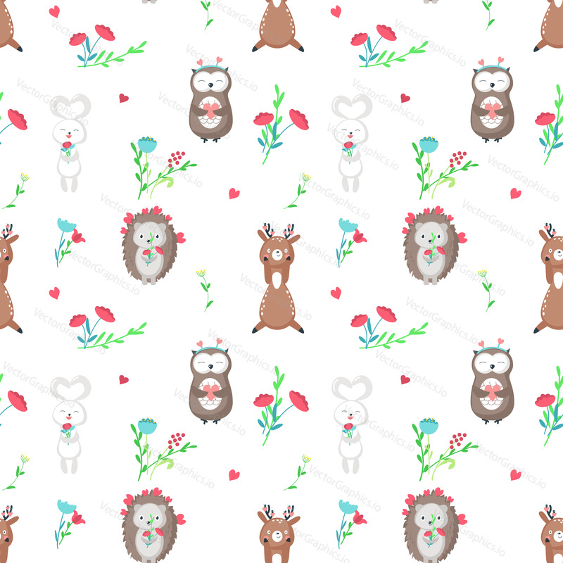 Vector seamless pattern with cute owl, hedgehog and deer in love holding flowers and hearts. Happy romantic animals background, wallpaper, fabric, wrapping paper.