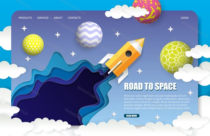 Road to space landing page website template. Vector paper cut rocket launch, sky, planets, stars. Space trip concept, paper art style.
