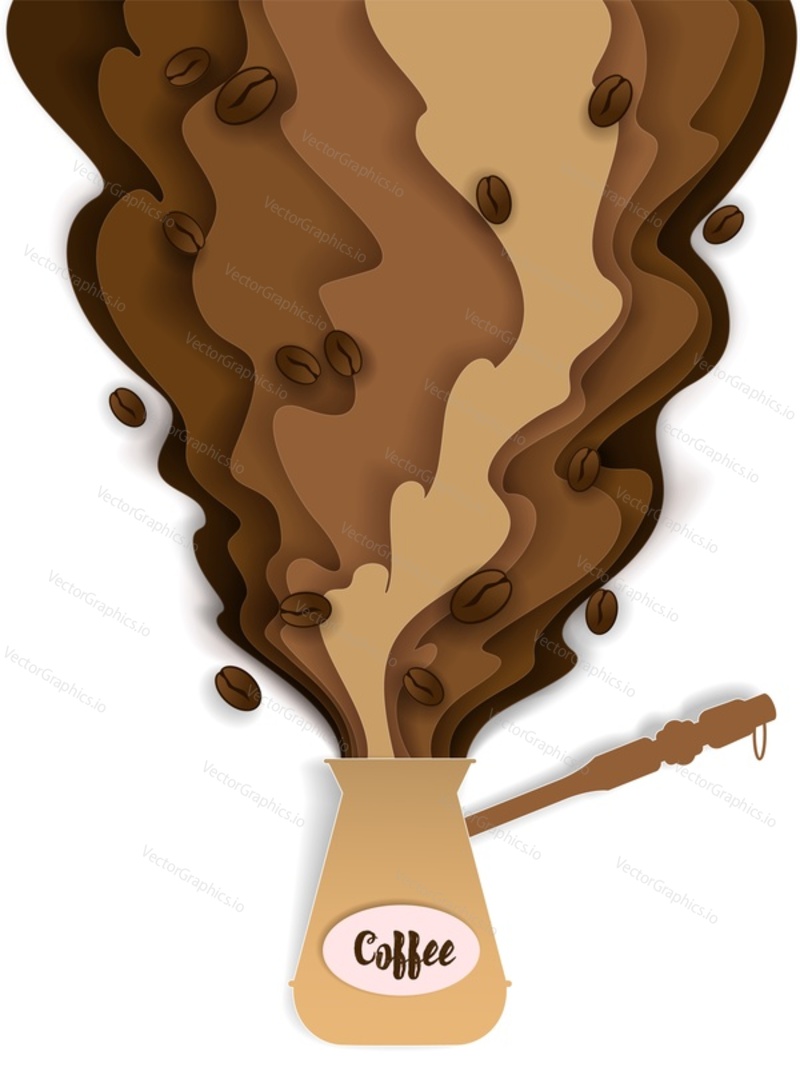 Turecká kávová konvice s vektorovým papírem s nápisem na kávu, aromatickou kávovou párou a fazolemi. Trendový designový prvek konceptu kávy pro banner, leták, plakát atd.