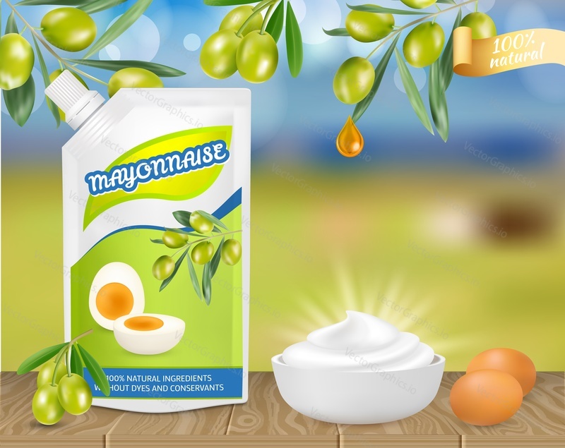 Přírodní olivová majonéza ad. Vektorové realistické ilustrace majonézové omáčky v plastovém sáčku doypack a v misce, vejce, olivy. Reklamní plakát potravinářských výrobků, banner, šablona návrhu letáku.