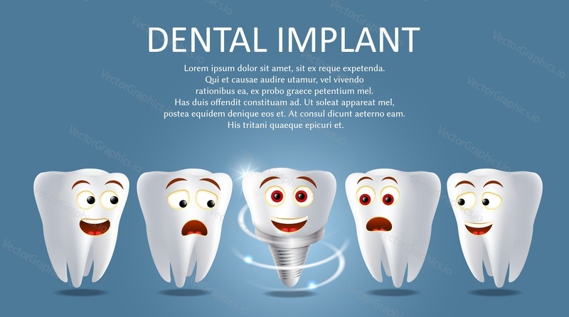 Dental implant poster banner template. Vector realistic illustration. Healthy human teeth and tooth prosthesis. Tooth restoration replacement concept.