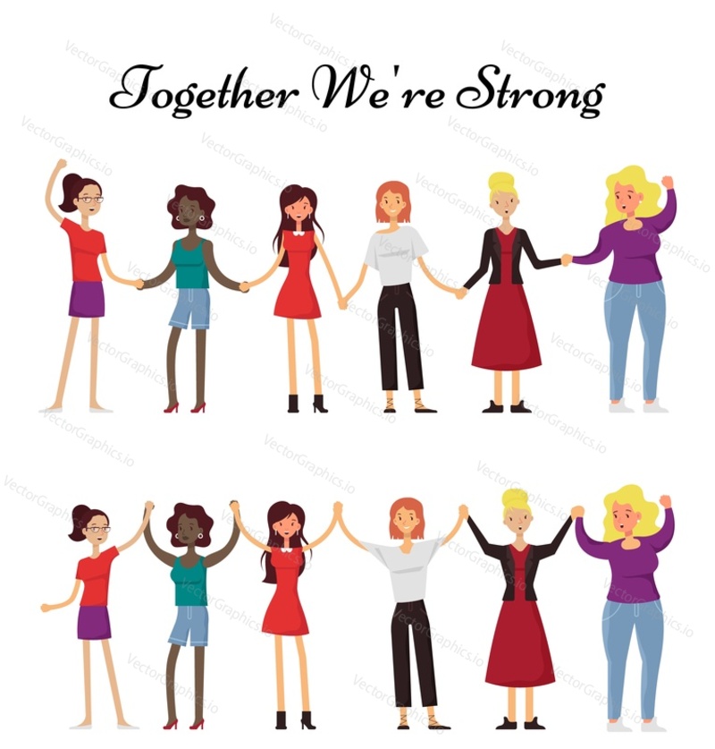 Různorodá skupina žen drží za ruce. Vektorové ploché ilustrace izolovaných na bílém pozadí. Společně jsme silné nápisy. Dívčí síla, feminismus, zmocnění atd.