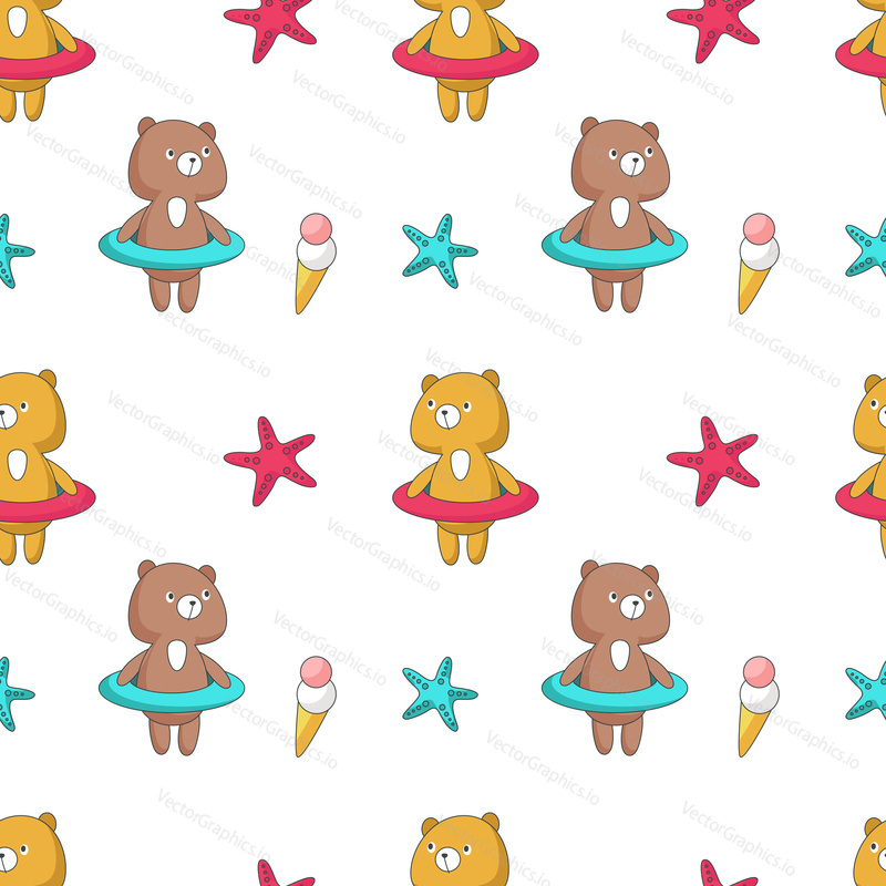 Summer seamless pattern. Vector hand drawn funny bears, ice cream cones and starfishes.