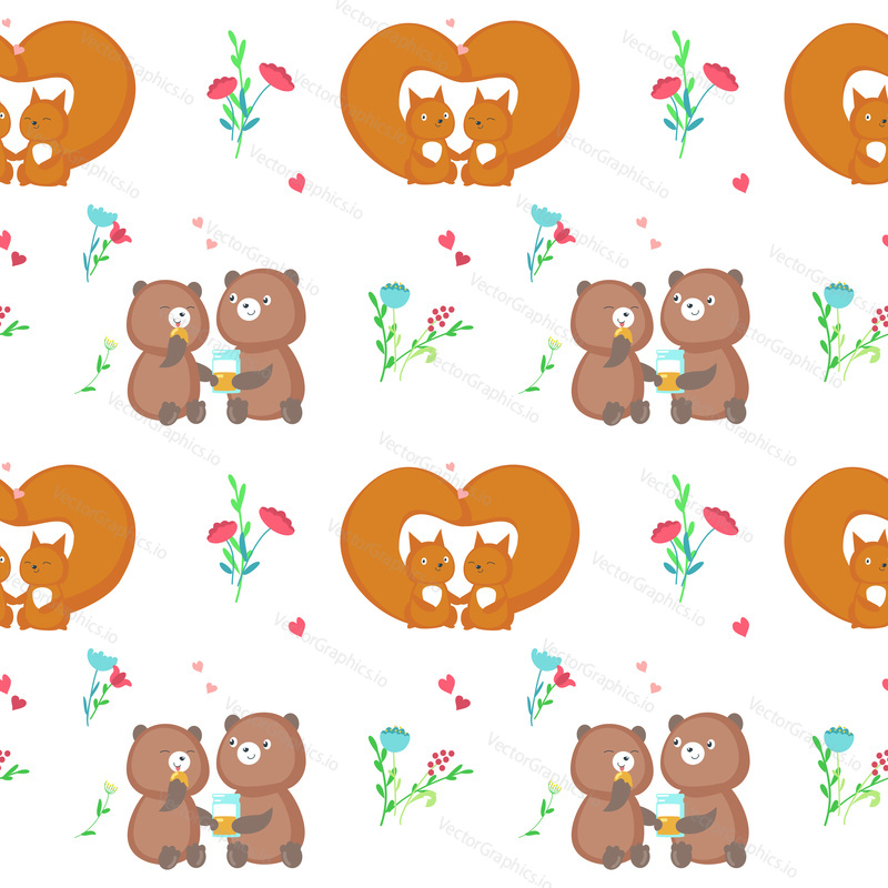 Vector seamless pattern with cute loving squirrels and bears. Happy romantic animals couples background, wallpaper, fabric, wrapping paper.