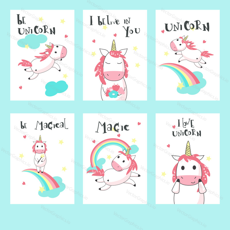 Magic unicorn cards. Vector hand drawn illustration. Greeting, invitation card templates for kids with romantic mythical creature unicorn, rainbows, clouds, hearts and handwritten text.