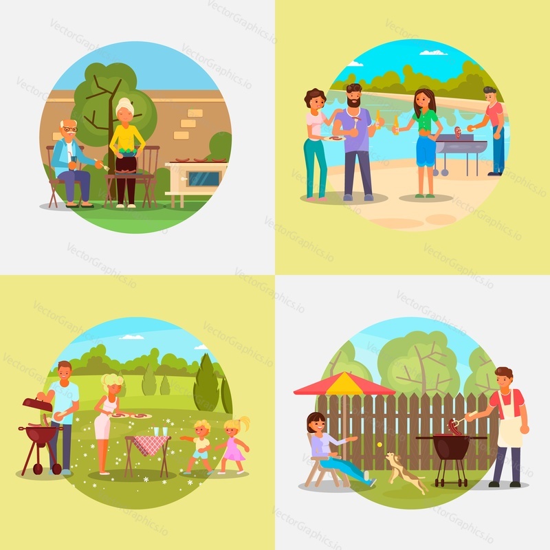 Bbq set, vector flat illustration. Picnic with family, friends and pets in park, in backyard. Elderly and young couples, family with two kids cooking meat on barbeque grill, eating and having fun.