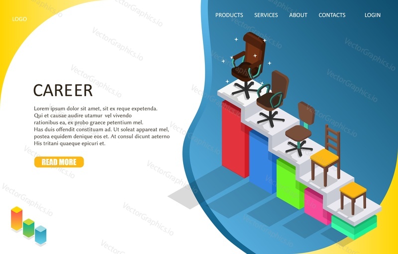 Business career landing page website template. Vector isometric illustration of career ladder with different kinds of chairs from stool to boss office chair on top