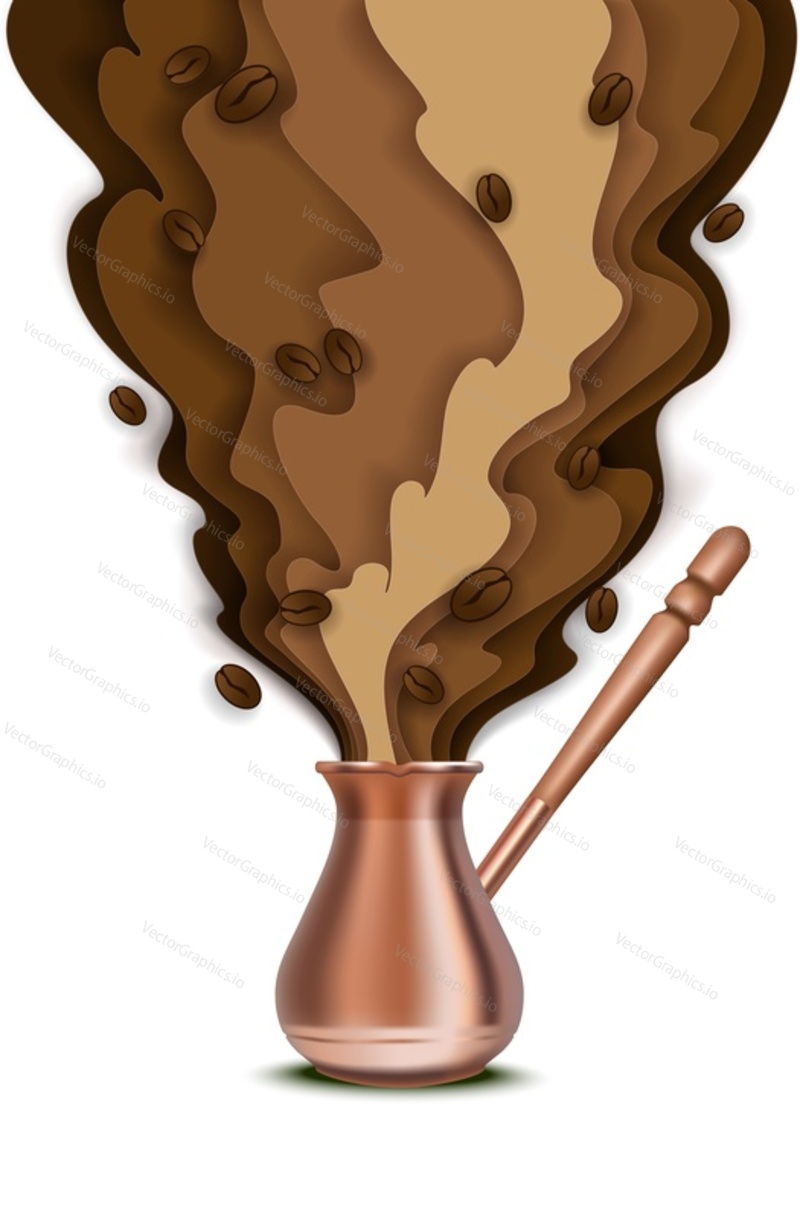 Vektorový papír řez cezve Turecká kávová konvice s aromatickou kávovou párou a fazolemi. Trendový designový prvek konceptu kávy pro banner, leták, plakát atd.