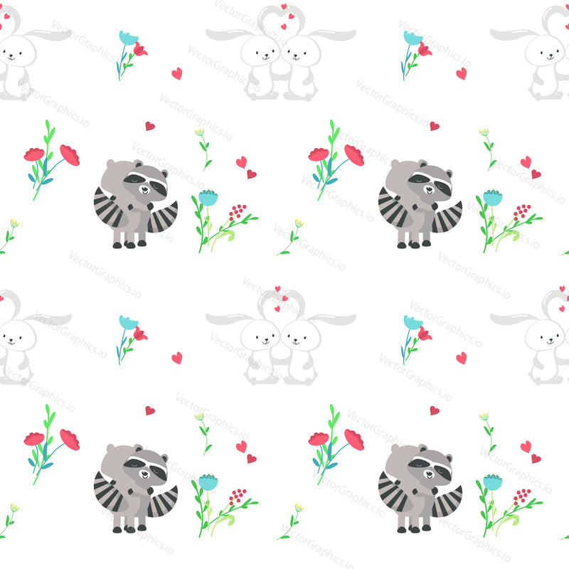 Vector seamless pattern with cute loving raccoons and bunnies. Happy romantic animals couples background, wallpaper, fabric, wrapping paper.