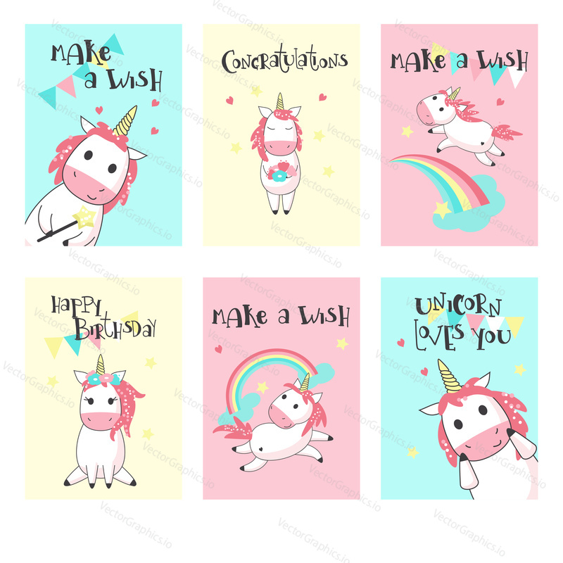 Magic unicorn birthday greeting cards. Vector hand drawn illustration. Happy birthday card templates for kids with cute color unicorns, rainbows, clouds, hearts.