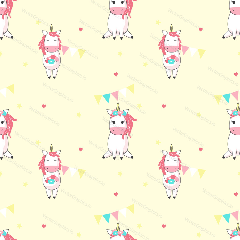 Magic unicorn bezešvé vzor. Vektorové ručně kreslené jednorožci se srdíčky, hvězdy a řetězec vlajky party dekorace.