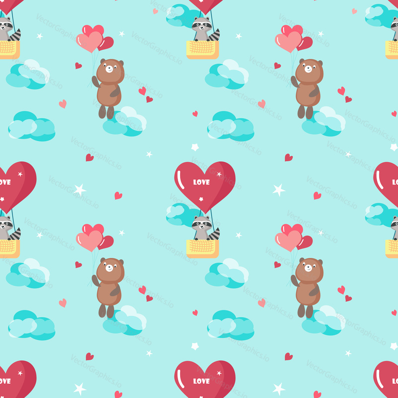 Vector seamless pattern with cute bear and raccoon in love flying on heart shaped hot air balloon and balloons. Happy romantic animals background, wallpaper, fabric, wrapping paper.