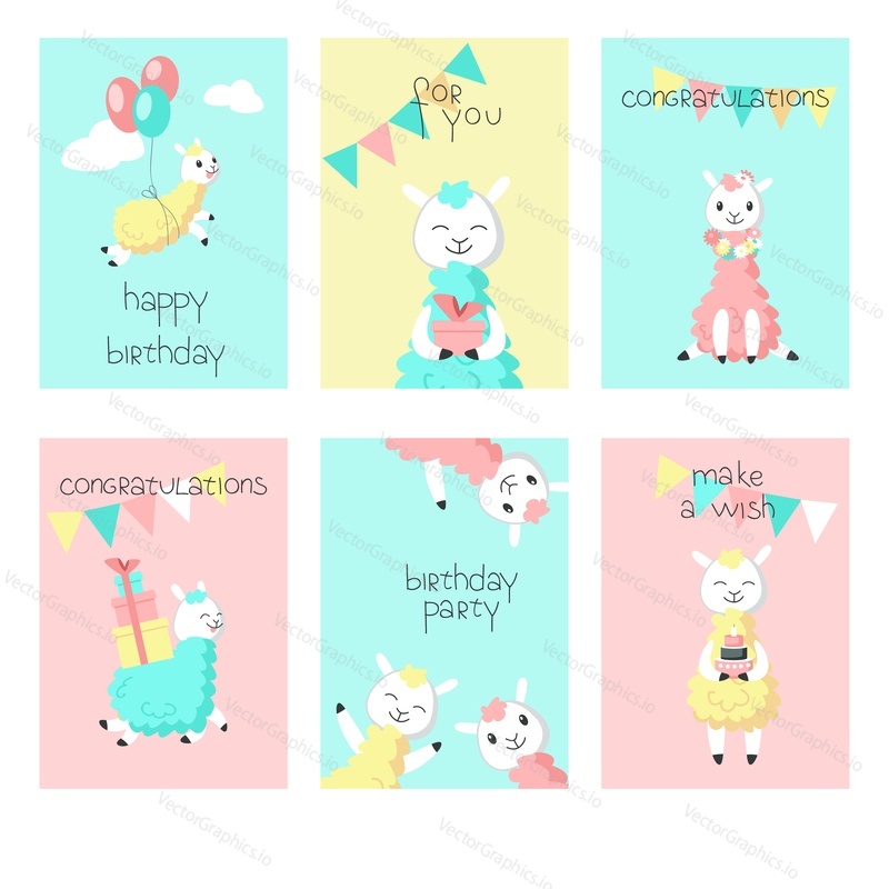 Cute alpaca birthday greeting cards. Vector hand drawn illustration. Happy birthday card templates for kids with funny color llamas holding balloons, gift boxes, cake, flowers.
