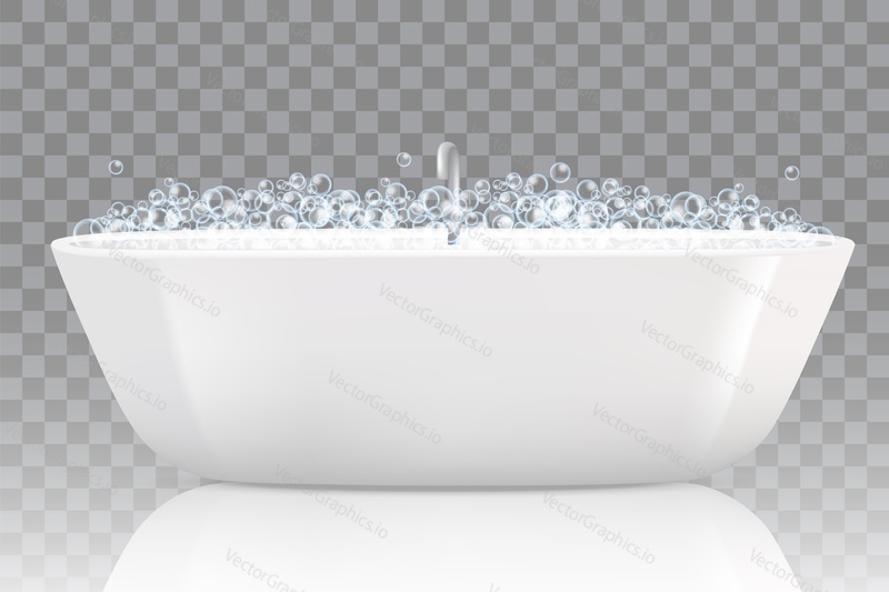 Bathtub with soap bubbles. Vector realistic illustration isolated on transparent background.