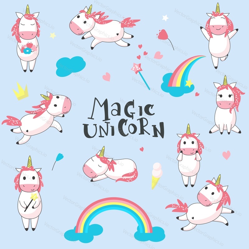 Cute magic unicorn icon set. Vektorové ručně kreslené ilustrace romantické mýtické stvoření jednorožec a duhy, mraky, srdce, kouzelná hůlka, koruna, zmrzlina, květiny.