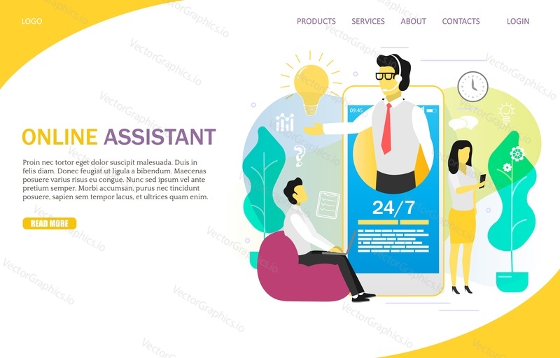 Online assistant landing page website template. Vector illustration of customers laptop and mobile users, smartphone with hotline operator call center agent. Personal virtual assistant app concept.