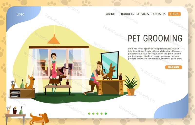 Pet grooming vstupní stránka webové stránky šablony. Vektorové ploché ilustrace domácích ošetřovatelů poskytujících služby péče o psy. Psí účes. Barber Pet salon.